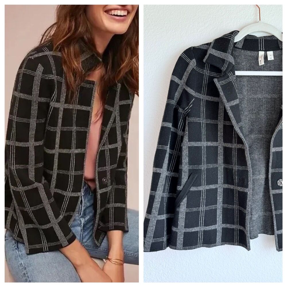 NWOT MOTH by Anthropologie Women's Knit Blazer in Black & White Windowpane XS